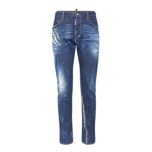 Blue distressed denim jeans with white paint splatter design, dsquared2 brand.
