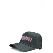 Casquette de baseball noire dsquared2 en coton vieilli avec logo dégradé arc-en-ciel éclatant et inscription « Made in Italy » en dessous.
