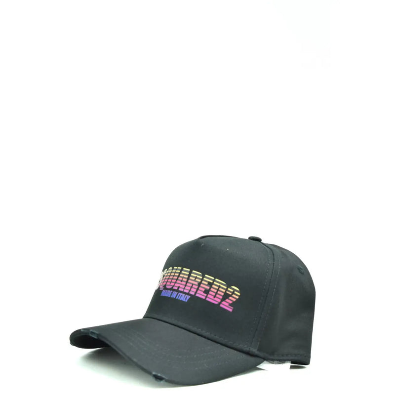 Casquette de baseball noire dsquared2 en coton vieilli avec logo dégradé arc-en-ciel éclatant et inscription « Made in Italy » en dessous.