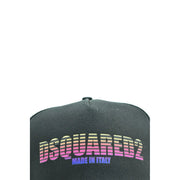 Casquette snapback noire Dsquared2 pour homme en coton vieilli, ornée d'un logo imprimé en dégradé rose et jaune vif.