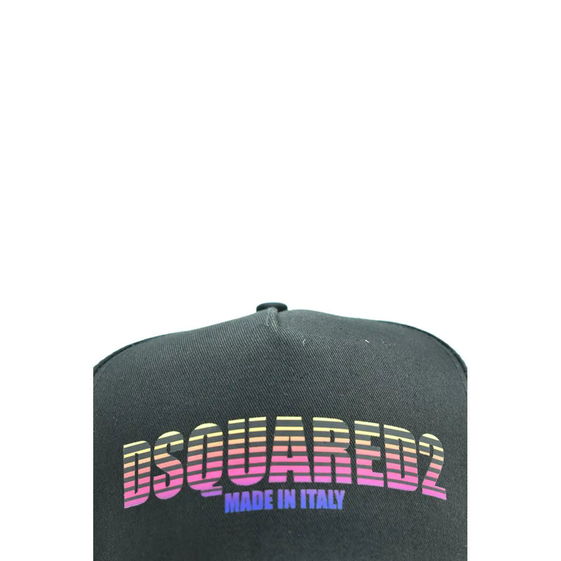 Casquette snapback noire Dsquared2 pour homme en coton vieilli, ornée d'un logo imprimé en dégradé rose et jaune vif.