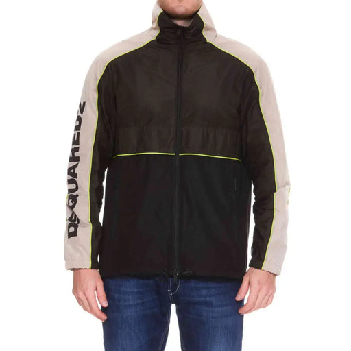 Men’s black color-block hooded windbreaker with neon green stripe and DSQUARED2 text