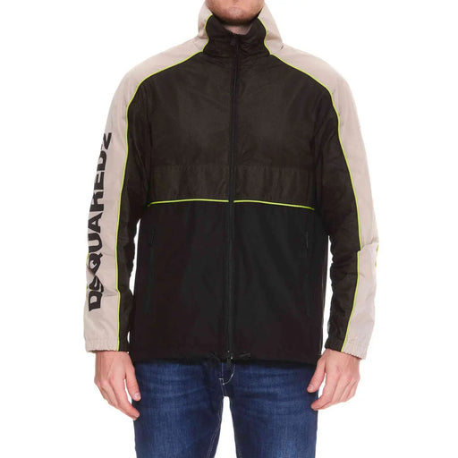 Dsquared2 men black and beige zip-up jacket with neon green trim featuring a turtleneck for spring summer wear
