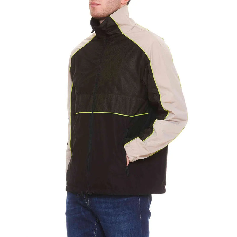 Dsquared2 men black turtleneck zip blazer in two-tone black and beige windbreaker fabric with neon yellow trim for spring summer