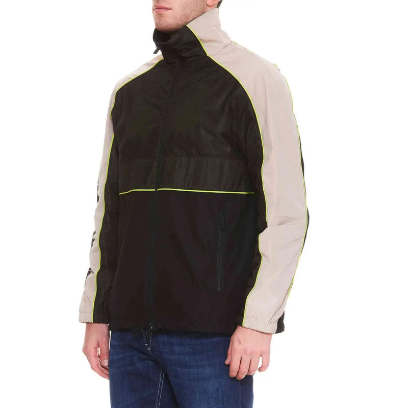 Dsquared2 men black turtleneck zip blazer with black and beige windbreaker featuring neon yellow trim for spring summer