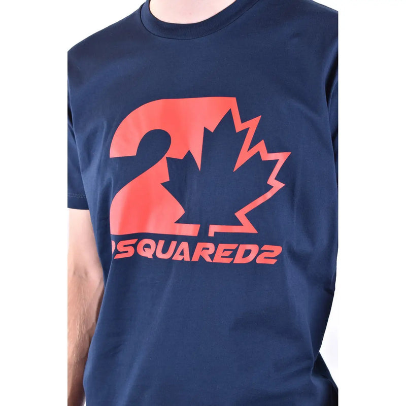 T-shirt homme dsquared2 bleu marine en coton, col rond, orné d'une feuille d'érable orange vif et du nom de la marque imprimés en dessous.