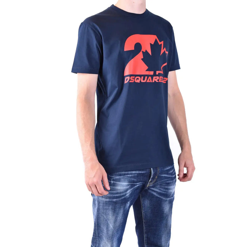 T-shirt homme Dsquared2 bleu marine en coton, col rond, orné d'un logo feuille d'érable orange et du nom de la marque en dessous.