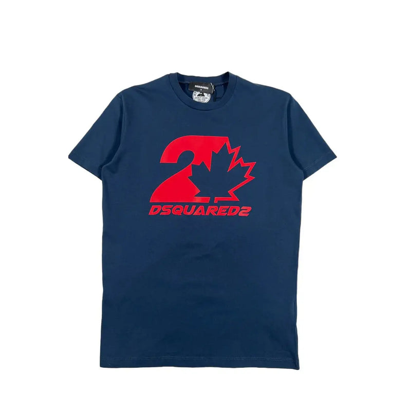 T-shirt Dsquared2 pour homme, bleu coton, col rond, orné d'une feuille d'érable rouge et du chiffre deux sur la poitrine.