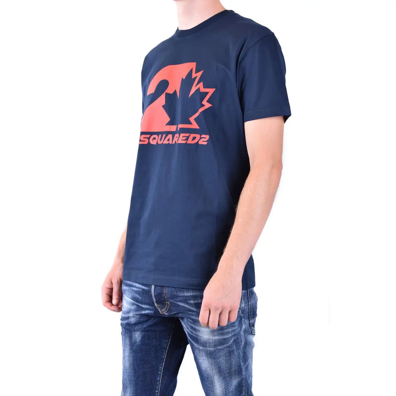 T-shirt homme Dsquared2 bleu marine en coton, orné d'une feuille d'érable orange vif et du logo Dsquared2 sur la poitrine, col rond.