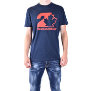 T-shirt homme Dsquared2 bleu marine en coton, col rond, orné d'une feuille d'érable orange vif et du chiffre deux sur la poitrine.