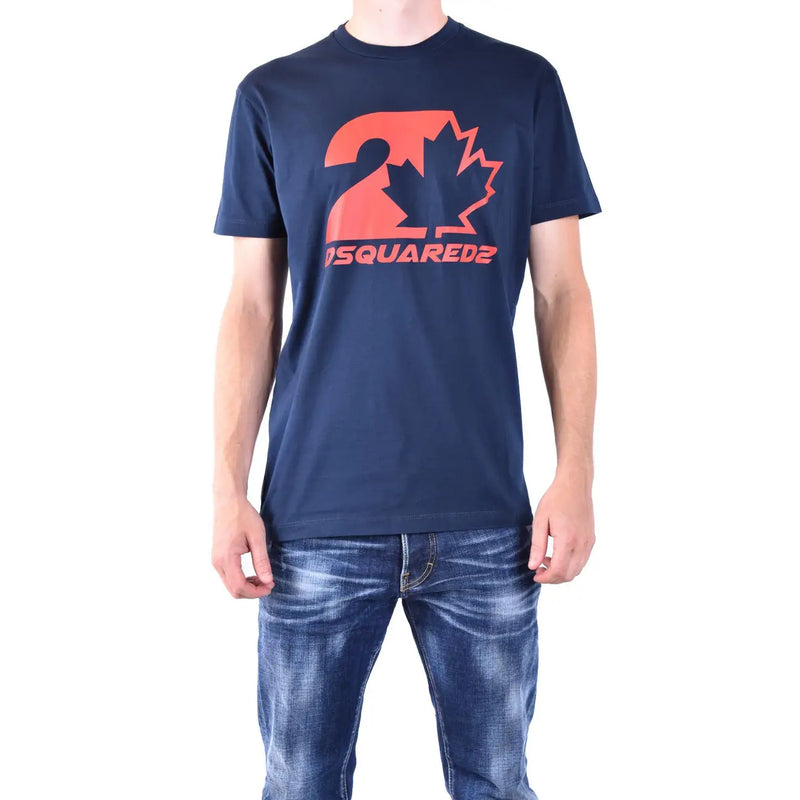 T-shirt homme Dsquared2 bleu marine en coton, col rond, orné d'une feuille d'érable orange vif et du chiffre deux sur la poitrine.