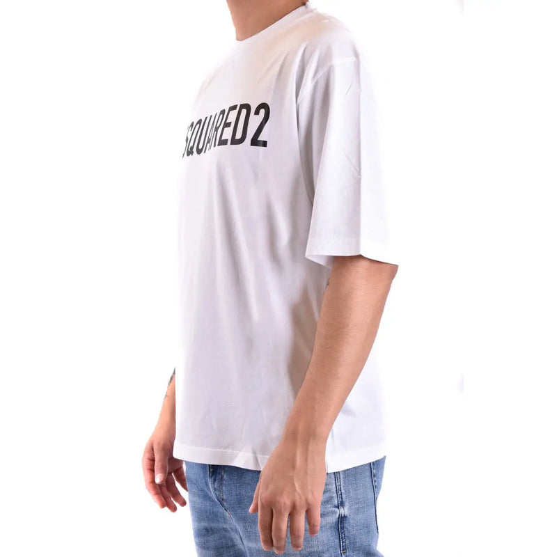 T-shirt blanc en coton dsquared2 pour homme, col rond, avec logo dsquared2 noir sur la poitrine