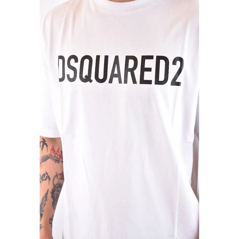 T-shirt blanc Dsquared2 pour homme en coton, avec inscription noire audacieuse sur la poitrine et col rond.
