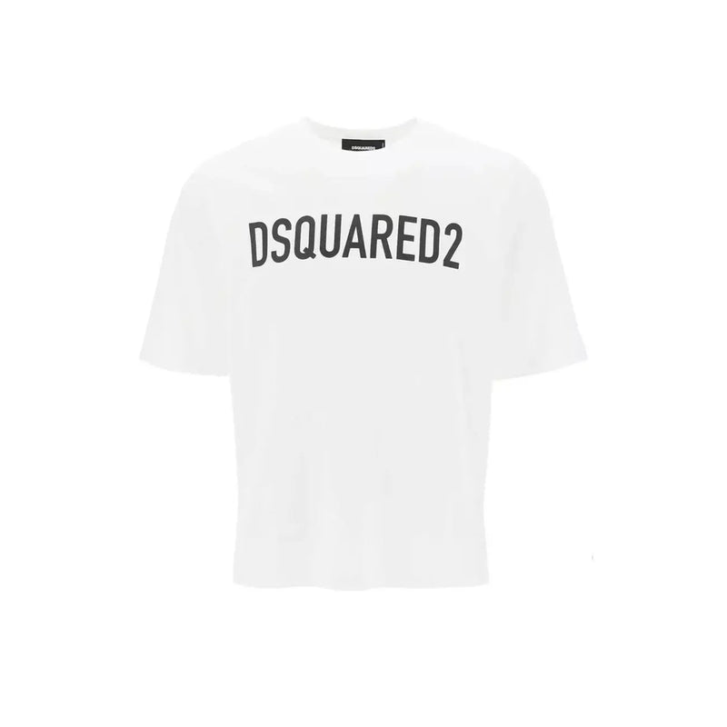 T-shirt blanc dsquared2 pour homme, en coton, col rond et inscription noire en arc de cercle sur la poitrine