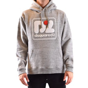 Sweat à capuche Dsquared2 pour homme, en coton gris chiné, avec logo blanc et rouge sur la poitrine.
