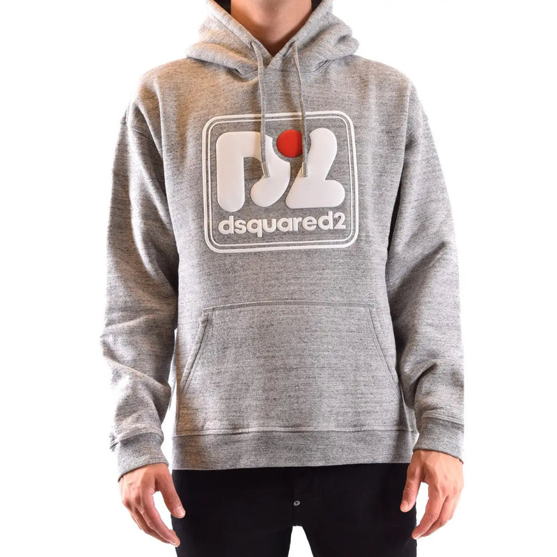 Sweat à capuche Dsquared2 pour homme, en coton gris chiné, avec logo blanc et rouge sur la poitrine.