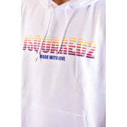 Sweat-shirt à capuche blanc Dsquared2 pour homme, en coton imprimé avec logo arc-en-ciel dégradé et inscription bleue « Made with love ».
