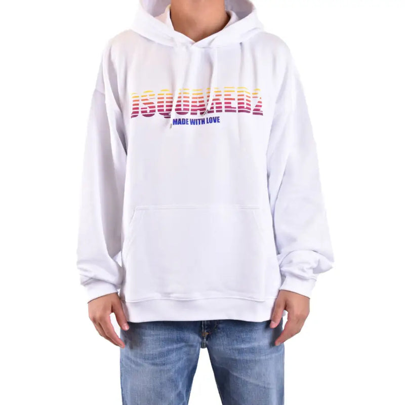 Sweat à capuche en coton blanc pour homme de la marque Dsquared2, orné d'un logo arc-en-ciel dégradé et d'un imprimé « Made with love ».
