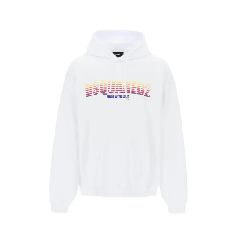 Sweat-shirt à capuche Dsquared2 pour homme, blanc, en coton, imprimé avec un logo dégradé arc-en-ciel et l'inscription « Made with love ».