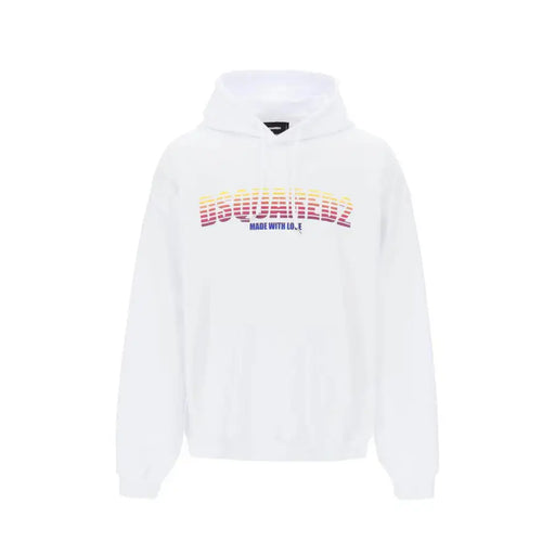 Sweat-shirt à capuche Dsquared2 pour homme, blanc, en coton, imprimé avec un logo dégradé arc-en-ciel et l'inscription « Made with love ».