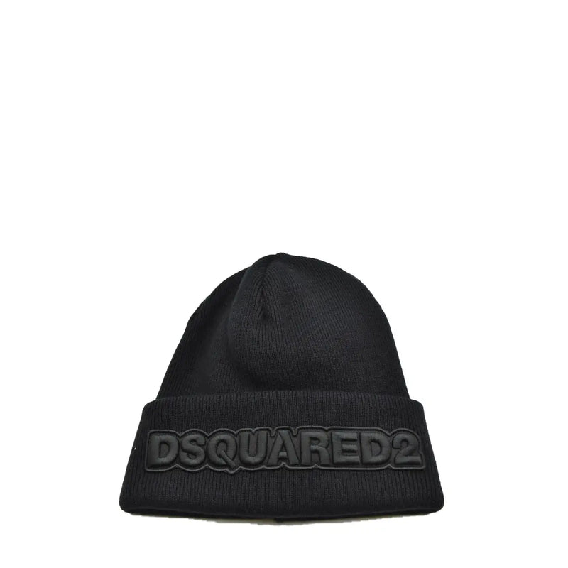 Bonnet noir dsquared2 pour homme en laine, à maille côtelée et logo en relief sur le bord replié, idéal pour l'automne et l'hiver.