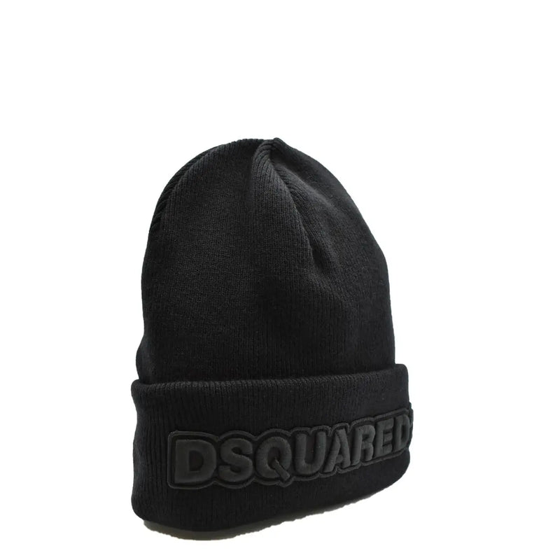 Bonnet en laine noir Dsquared2 pour homme, à maille côtelée et logo noir brodé sur le revers, idéal pour l'automne et l'hiver.