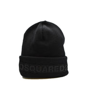 Bonnet Dsquared2 pour homme en laine noire, tricoté avec bord-côtes et logo gris foncé en relief, idéal pour l'automne et l'hiver.