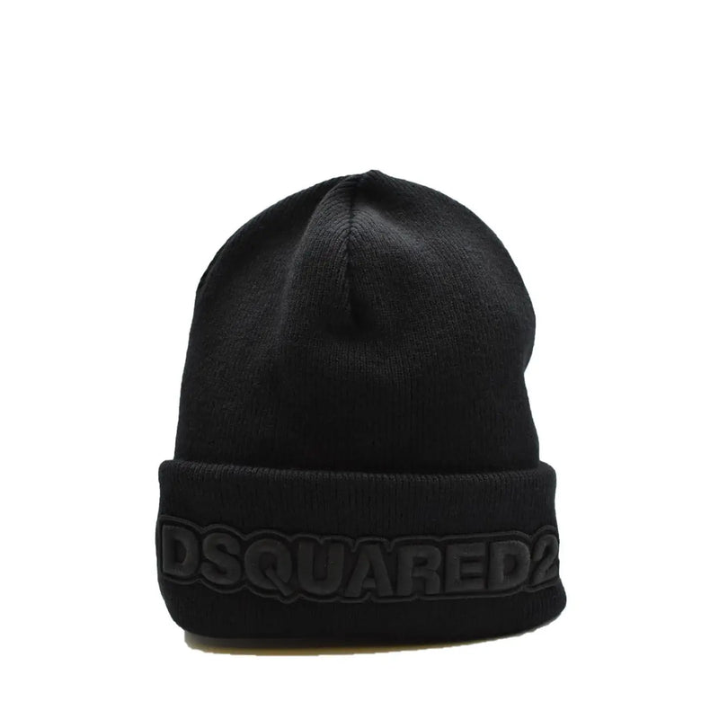 Bonnet Dsquared2 pour homme en laine noire, tricoté avec bord-côtes et logo gris foncé en relief, idéal pour l'automne et l'hiver.