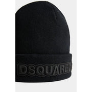 Bonnet en laine côtelée noire avec revers et logo dsquared2 en relief pour homme, idéal pour l'automne-hiver.