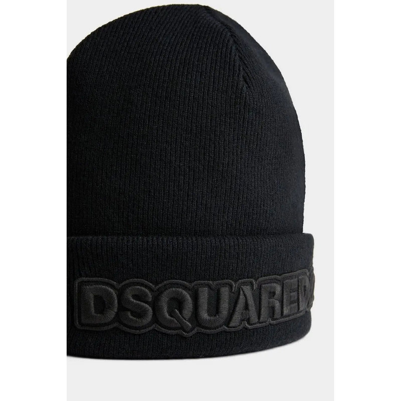 Bonnet en laine côtelée noire avec revers et logo dsquared2 en relief pour homme, idéal pour l'automne-hiver.