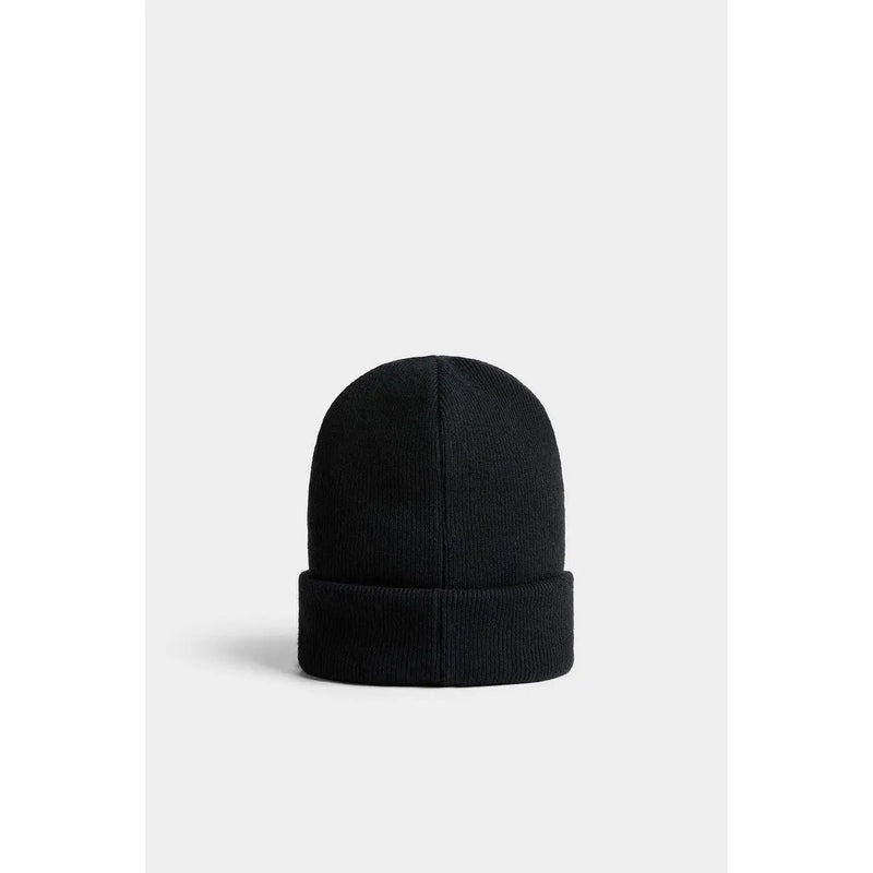 Bonnet en laine côtelée noire à revers avec logo Dsquared2 imprimé, idéal pour l'automne et l'hiver.