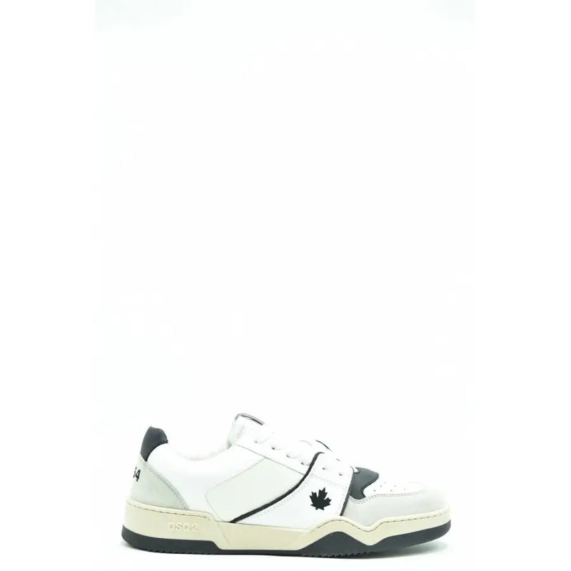 White leather sneaker with black maple leaf design and lace-up closure.