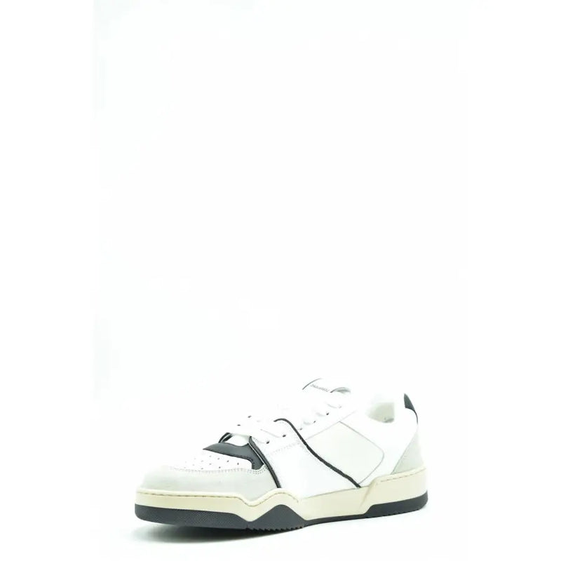 White leather low-top sneaker with black accents and laces, possibly prada model.