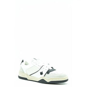 White leather sneaker with black maple leaf design and laces.