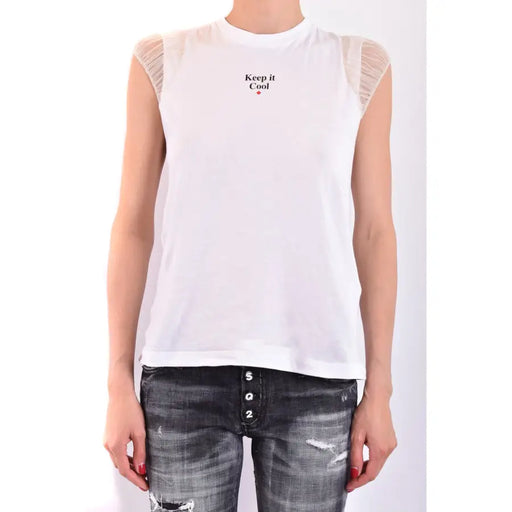 Dsquared2 white cotton tank top with sheer mesh shoulders and keep it cool embroidery