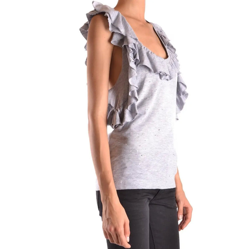 Débardeur Dsquared2 pour femmes top Débardeur gris en coton élasthanne sans manches, épaules volantées et subtiles touches de paillettes.