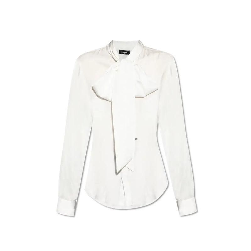 Dsquared2 women white viscose blouse with a sleek satin finish featuring a prominent bow and long sleeves