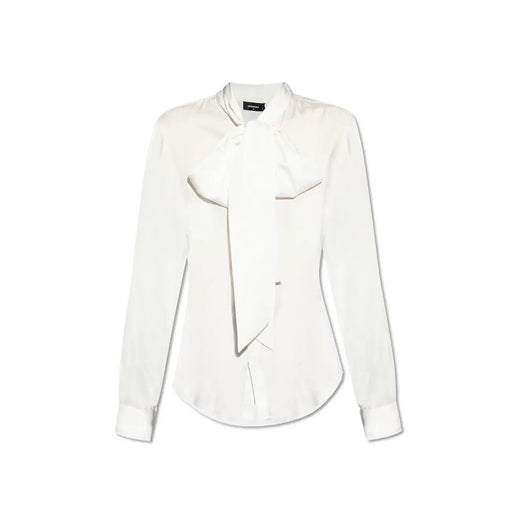 Chemisier blanc en viscose pour femme Dsquared2, à la finition satinée élégante, orné d'un nœud proéminent et de manches longues.