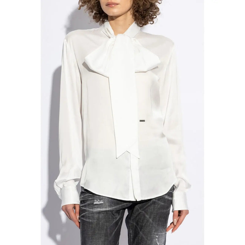 Dsquared2 women white viscose blouse featuring a white satin large bow at the neckline for elegant wear