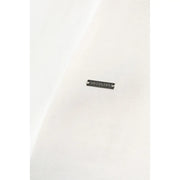 A sleek black dsquared2 brand tag with silver lettering on a white viscose dsquared2 women blouse