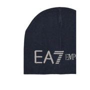 Ea7 Casquette acrylique pour homme en maille bleu marine foncé avec logo brodé blanc, vue de face