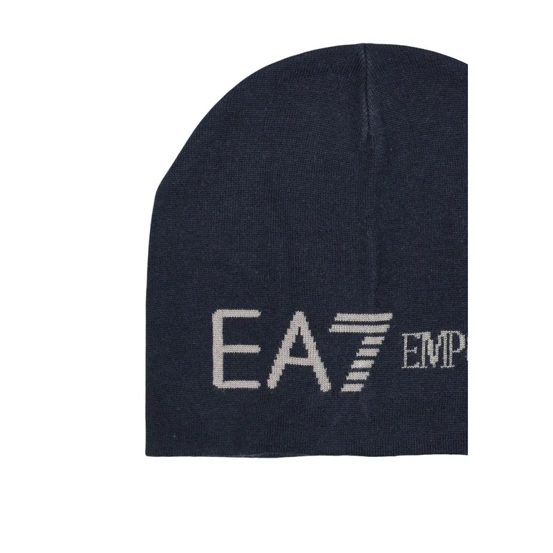 Ea7 Casquette acrylique pour homme en maille bleu marine foncé avec logo brodé blanc, vue de face