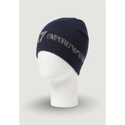 Casquette Emporio Armani EA7 pour homme, bleu marine, en acrylique avec logo brodé argenté, vue de face