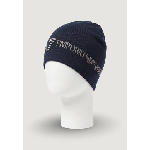 Casquette Emporio Armani EA7 pour homme, bleu marine, en acrylique avec logo brodé argenté, vue de face