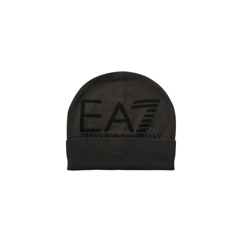 Bonnet EA7 pour homme en maille noire avec logo EA7 brodé assorti, vue de face