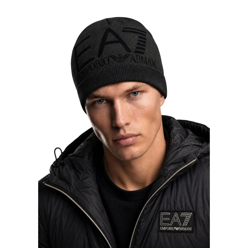 Ea7 Bonnet pour homme en maille noire avec logo Emporio Armani EA7 brodé, vue de face