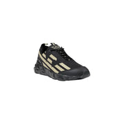 Ea7 Baskets de sport pour homme, noires et beiges, avec tige en mesh texturé, logo à rayures audacieux et semelle géométrique épaisse.