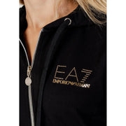 Ea7 black hooded jumpsuit with zip and pockets featuring a gold-tone logo with rhinestone detailing and matching zipper pulls