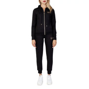 Ea7 black hooded jumpsuit with zip and pockets featuring gold logo detailing and a full-length zipper design