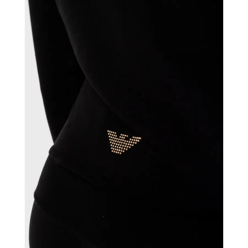 Ea7 black hooded jumpsuit in velvet featuring a gold-tone rhinestone-embellished eagle logo on the front